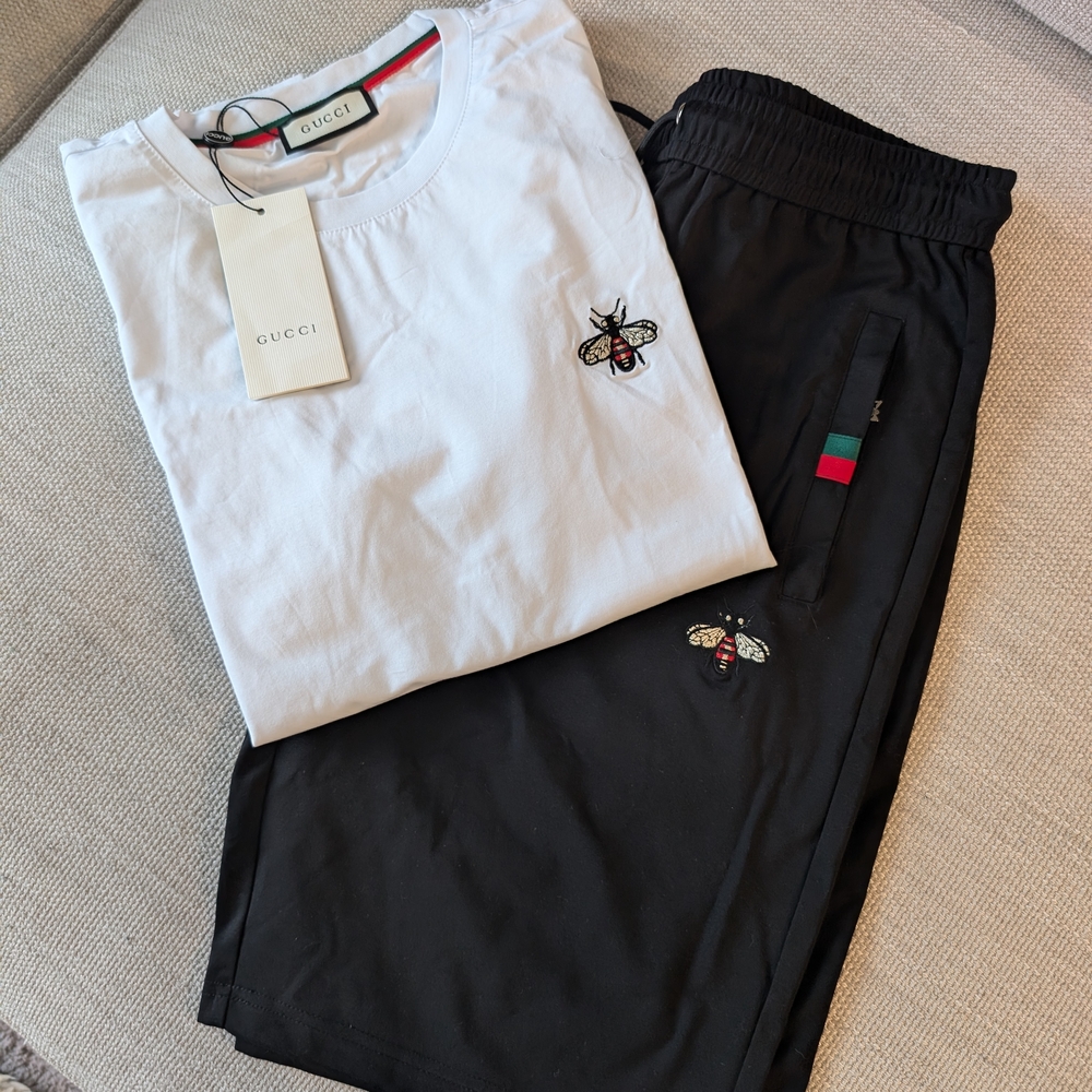 Gucci White and Black Embroidered Bee Short Outfit